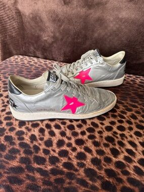 Golden Goose Silver Sneakers with Hot Pink Star Accent